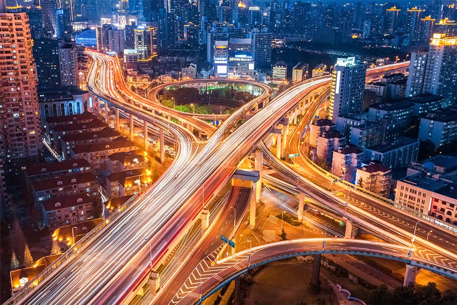 City interchange closeup at night