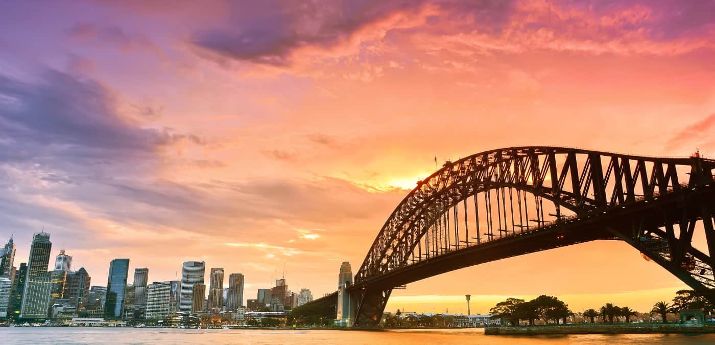 Beautiful sunset scene on the Sydney Harbor Bridge