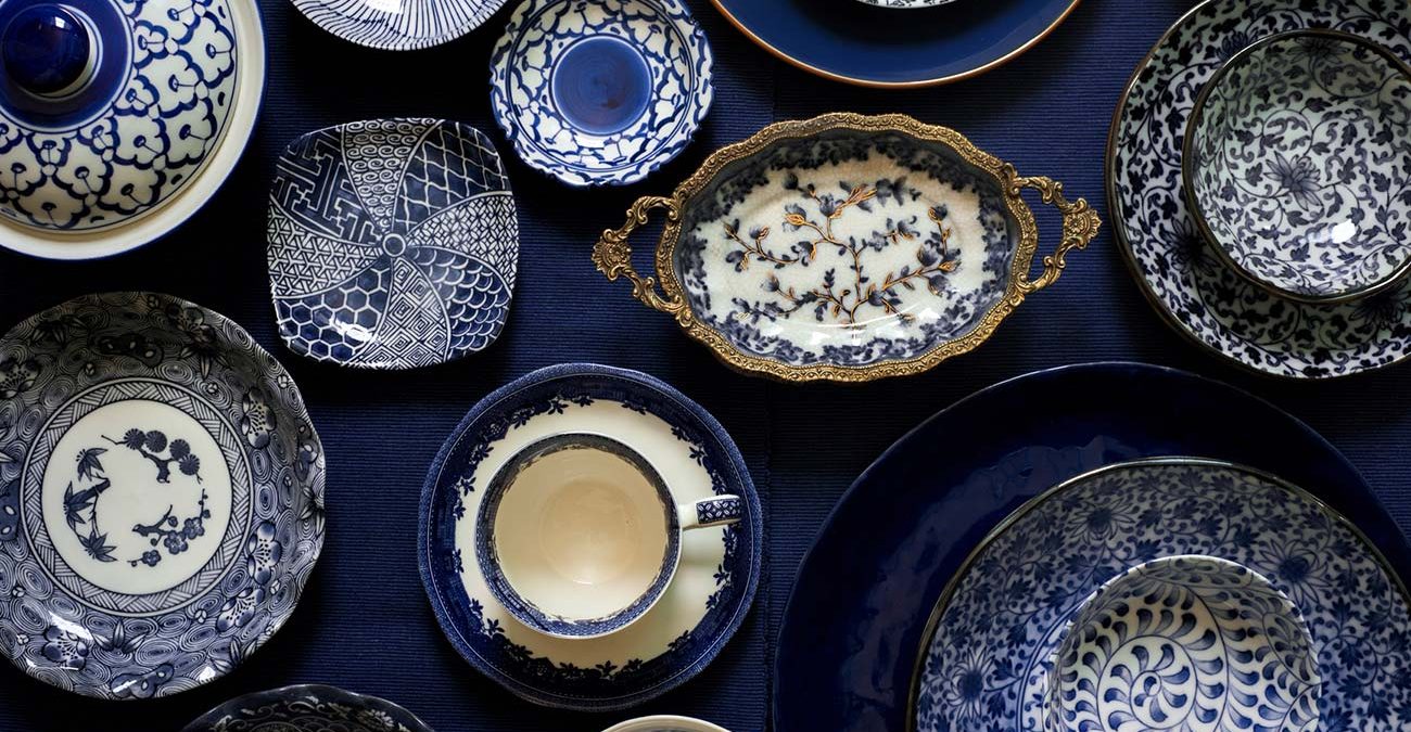 An assortment of blue chinaware