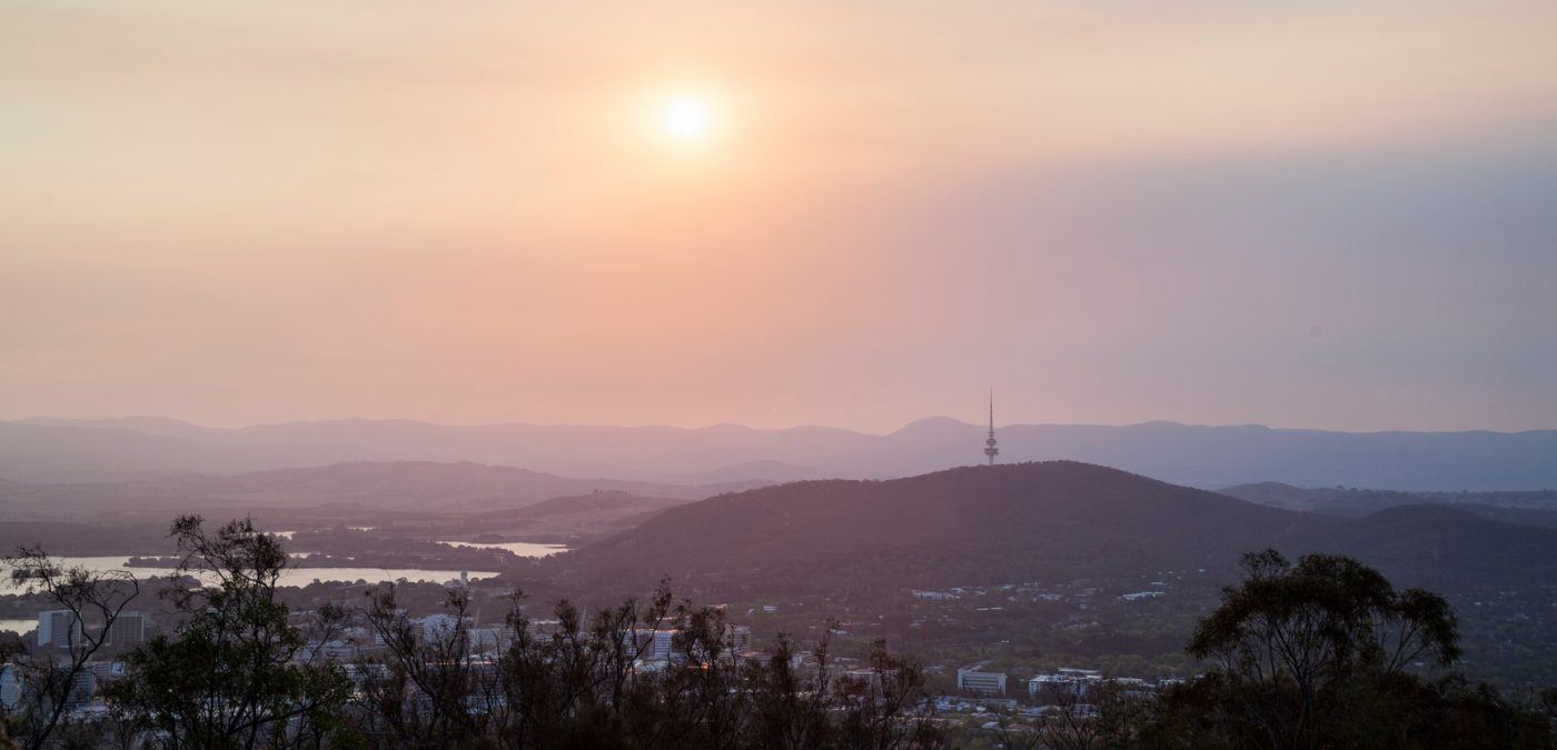 View of Canberra Australia during smoke haze affected sunset