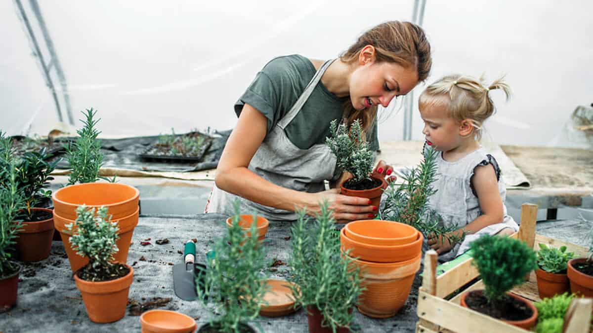 mother and daughter gardening